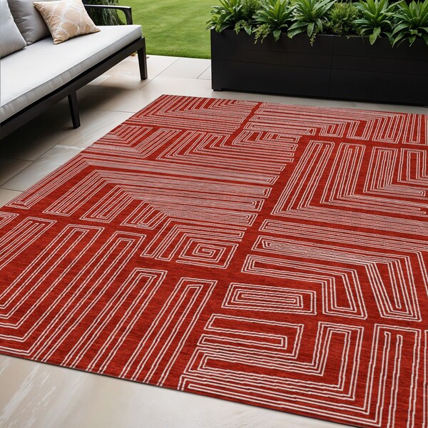 Homeroots 5' X 8' Red And Ivory Geometric Washable Indoor Outdoor Area Rug 600859 - main