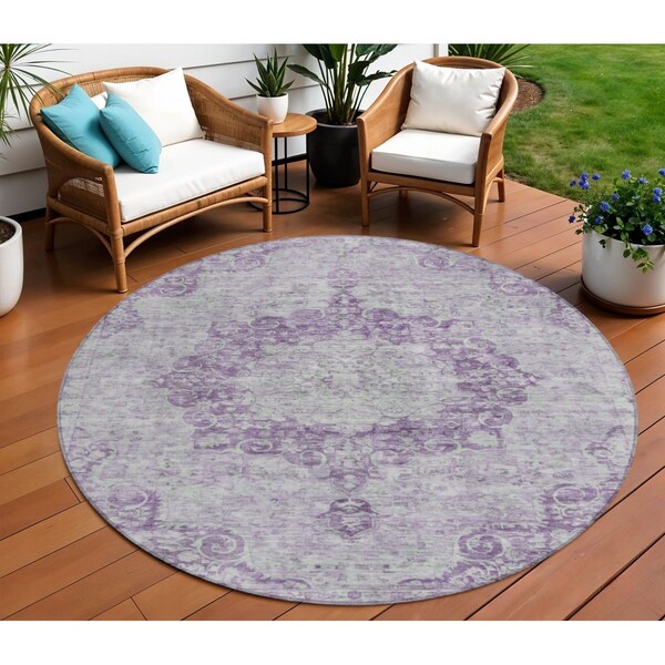 Homeroots 8' Purple Round Floral Medallion Washable Indoor Outdoor Area Rug 607922 - main
