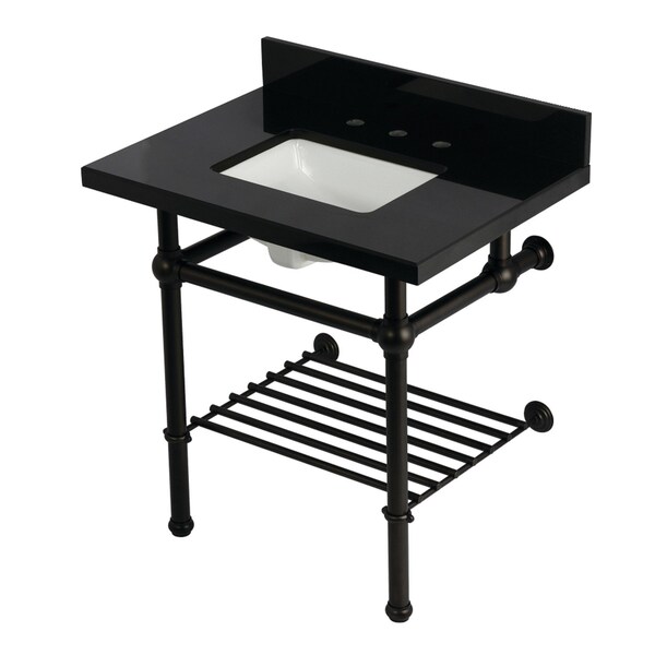 Kingston Brass 30-Inch Black Granite Console Sink with Brass Legs and Shelf, 8-Inch, 3-Hole KVPK3030KBSQB5 - main