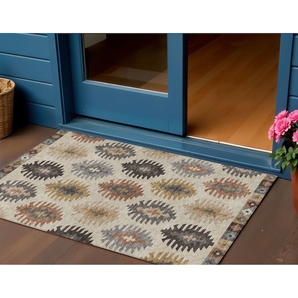 Homeroots 3' X 5' Beige Copper And Gray Southwestern Washable Indoor Outdoor Area Rug 615110 - main