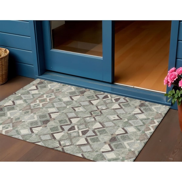 Homeroots 3' X 5' Sage And Off White Geometric Washable Indoor Outdoor Area Rug 608993 - main