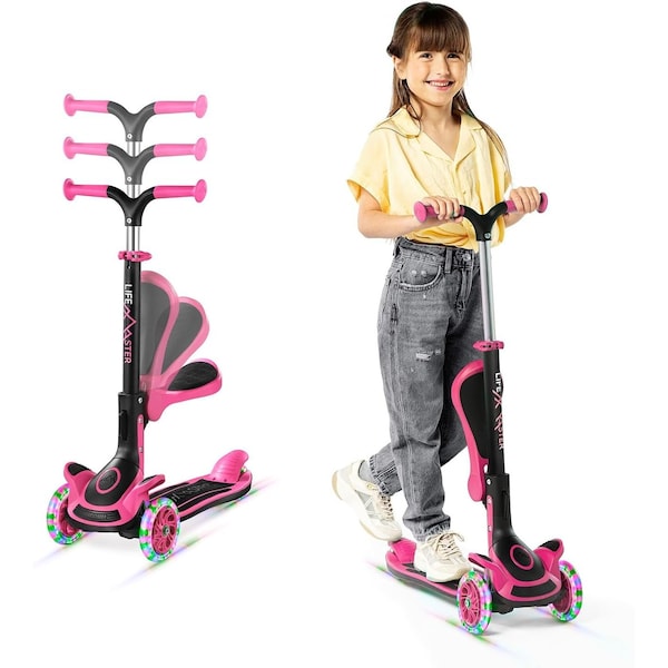 Lifemaster Kids 3-Wheel Scooter with Foldable Seat, LED Wheels, Adjustable Handlebar, Indoor/Outdoor Pink LIFMS11 - main