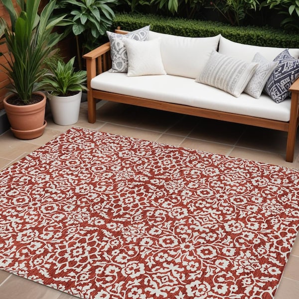 Homeroots 9' X 12' Red And Ivory Damask Washable Indoor Outdoor Area Rug 595191 - main