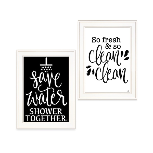 Homeroots Set Of Two Clean or Shower Together White Framed Print Bathroom Wall Art, 2PK 407995 - main