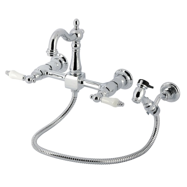 Kingston Brass Two-Handle Wall Mount Bridge Kitchen Faucet with Brass Sprayer, Polished Chrome KS2441PLBS - main
