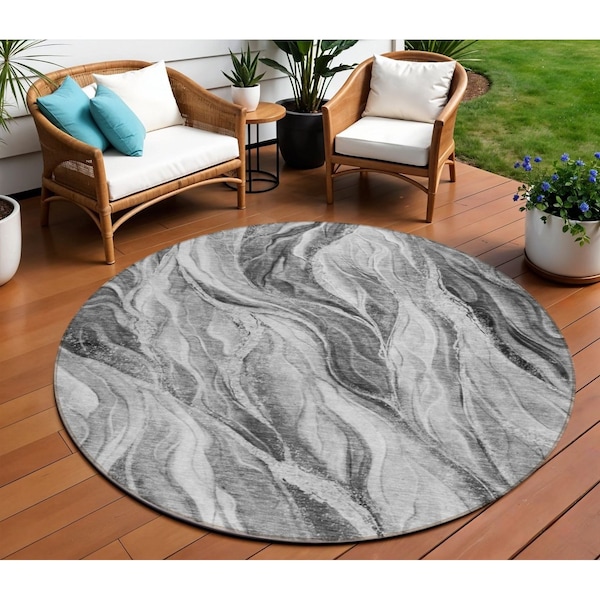 Homeroots 8' Gray Charcoal And Ivory Round Abstract Washable Indoor Outdoor Area Rug 582994 - main
