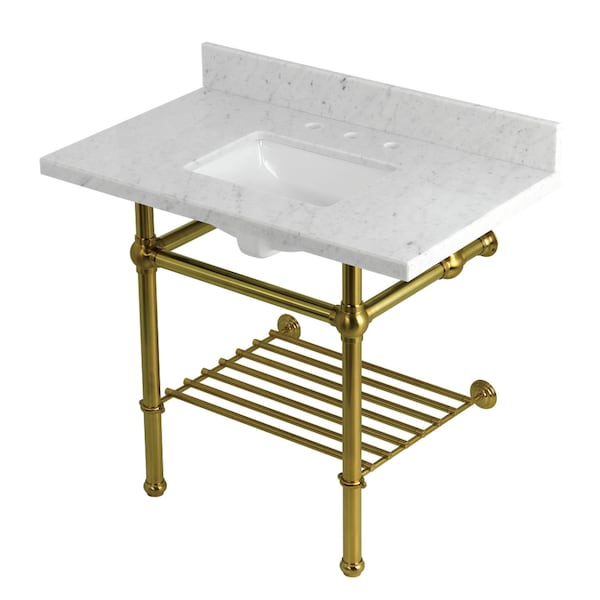 Kingston Brass 36-Inch Carrara Marble Console Sink with Brass Legs and Shelf, 8-Inch, 3-Hole KVPB3630MBSQB7 - main