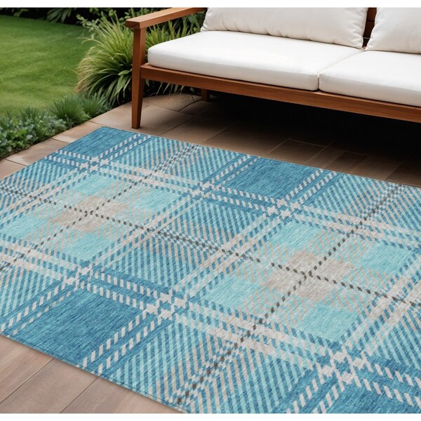 Homeroots 9' X 12' Teal Blue Gray And Brown Plaid Washable Indoor Outdoor Area Rug 596367 - main