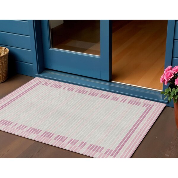 Homeroots 3' X 5' Pink And Ivory Striped Washable Indoor Outdoor Area Rug 610492 - main