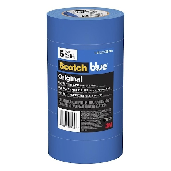 Scotchblue Painter's Tape, 5 mil Thick, 25 in-oz Adhesion, 60 yd L, 1-1/2 in W, Crepe Paper Backing, Blue, 6PK 2090-36QC6 - main