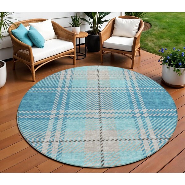 Homeroots 8' Teal Blue Gray And Brown Round Plaid Washable Indoor Outdoor Area Rug 596365 - main