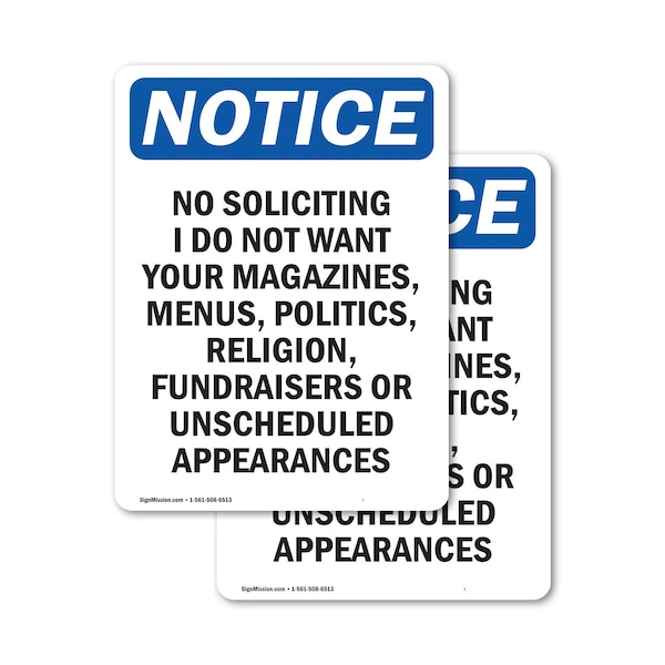 Signmission No Soliciting I Do Not Want Your OSHA Notice Sign, Vinyl Decal, 7in W x 10in L, 2PK OS-2PACK-NS-D-710-V-14822 - main