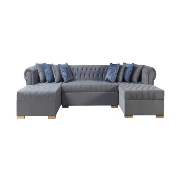 Homeroots Gray Velvet U Shaped Three Piece Sofa and Chaise Sectional With Toss Pillows 643888 - main