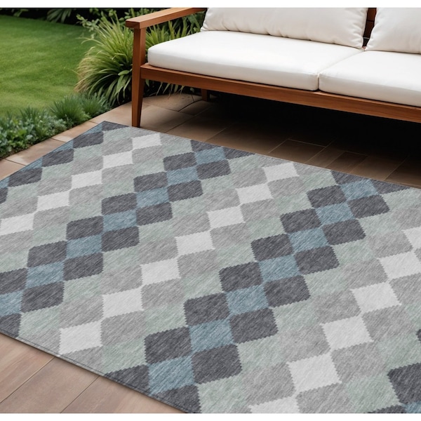 Homeroots 10' X 14' Gray Black And Green Geometric Washable Indoor Outdoor Area Rug 597907 - main