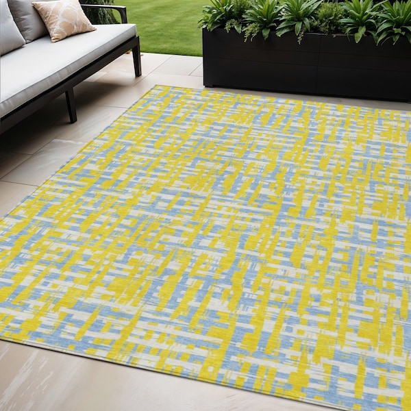 Homeroots 5' X 8' Yellow Denim Blue And Beige Abstract Washable Indoor Outdoor Area Rug 602606 - main
