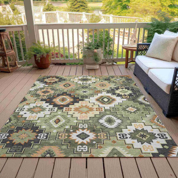 Homeroots 8' X 10' Fern Green Gold And Charcoal Southwestern Washable Indoor Outdoor Area Rug 632266 - main