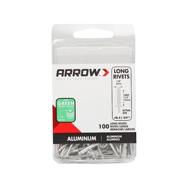Arrow Fastener 1/8 in. D X 1/2 in. Aluminum Long Rivets Silver, 100PK RLA1/8IP - main