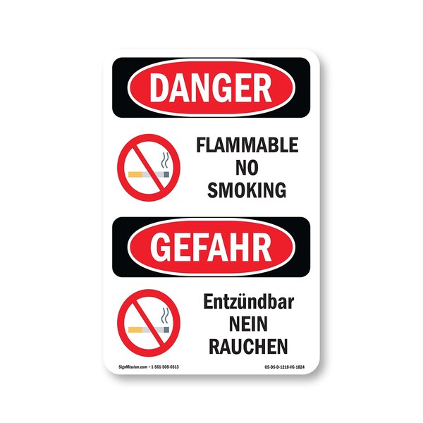 Signmission OSHA Danger Sign, Flammable No Smoking Bilingual, 18in X 12in Decal, OS-DS-D-1218-VG-1824 OS-DS-D-1218-VG-1824 - main