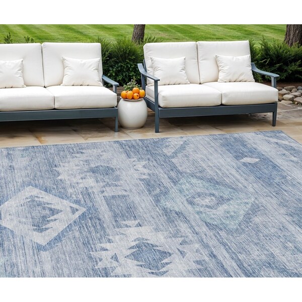 Homeroots 10' X 14' Denim Blue And Sky Blue Southwestern Washable Indoor Outdoor Area Rug 588701 - main