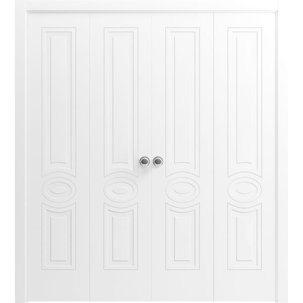 Vdomdoors Sliding Closet Double Bi-fold Doors, Mela 7001 White Silk, Sturdy Tracks Moldings Trims Hardware Se MELA7001DBF-WS-96 x 84 (4* 24x84) - main