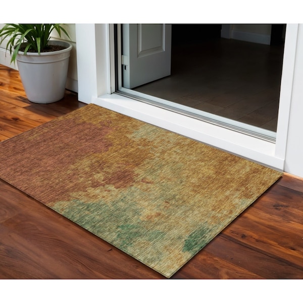 Homeroots 3' X 5' Terra Cotta Copper And Green Abstract Washable Indoor Outdoor Area Rug 604821 - main
