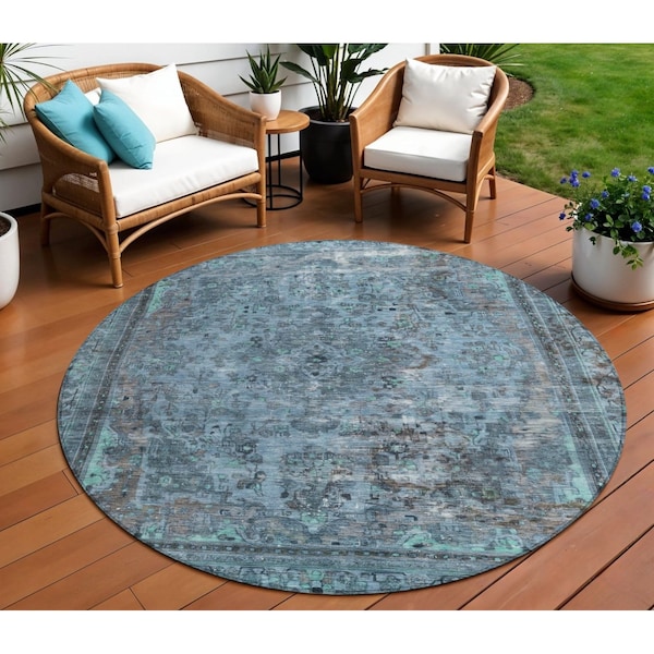 Homeroots 8' Blue And Gray Round Medallion Washable Indoor Outdoor Area Rug 616054 - main