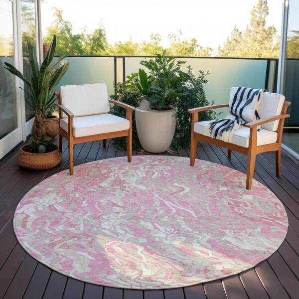Homeroots 8' Pink Gray And Ivory Round Abstract Washable Indoor Outdoor Area Rug 600308 - main