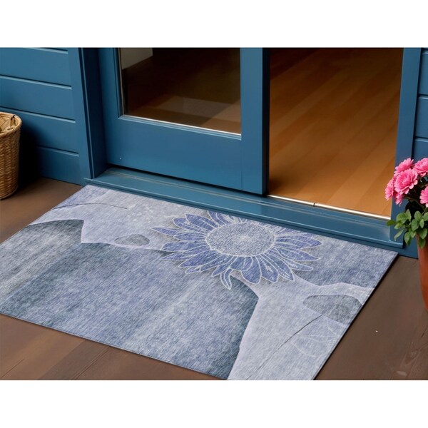 Homeroots 3' X 5' Sky Blue And Indigo Floral Washable Indoor Outdoor Area Rug 582242 - main