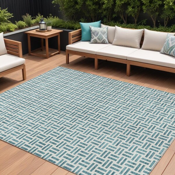 Homeroots 9' X 12' Teal Blue And Ivory Geometric Washable Indoor Outdoor Area Rug 614783 - main