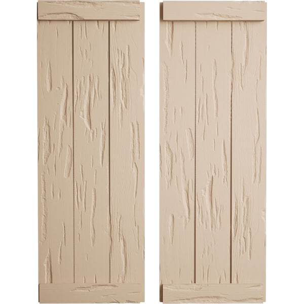 Ekena Millwork Rustic 3 Board Joined Board-n-Batten Pecky Cypress Faux Wood Shutters w/End Batten, 16 1/2"W x 84"H SHUBJE16X84PCPR - main