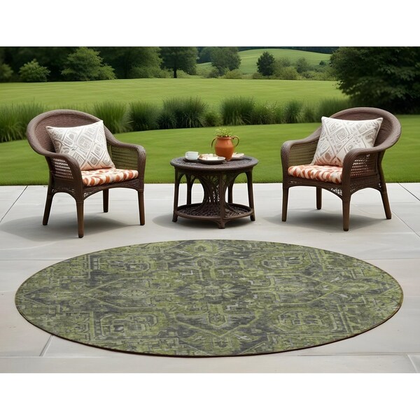 Homeroots 8' Round Moss Green and Gray Round Oriental Washable Non Skid Indoor Outdoor Area Rug 563813 - main
