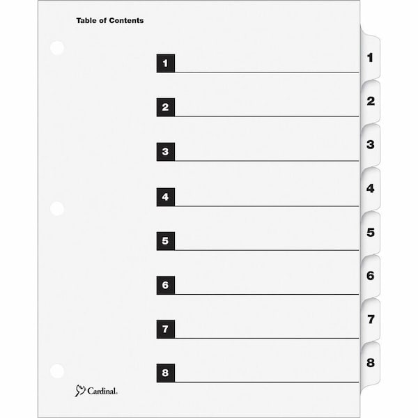 Cardinal Brands Cardinal OneStep Printable T.O.C. Divider, Printed 1, 8, 9"x11", 8 Tabs, White/White 60813 - main
