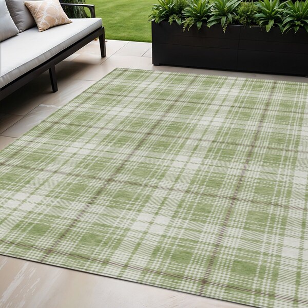 Homeroots 5' X 8' Artichoke Green Brown And Ivory Plaid Washable Indoor Outdoor Area Rug 597070 - main