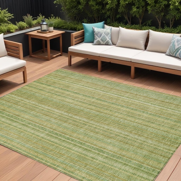 Homeroots 8' X 10' Artichoke Green Fern Green And Gold Striped Washable Indoor Outdoor Area Rug 616397 - main