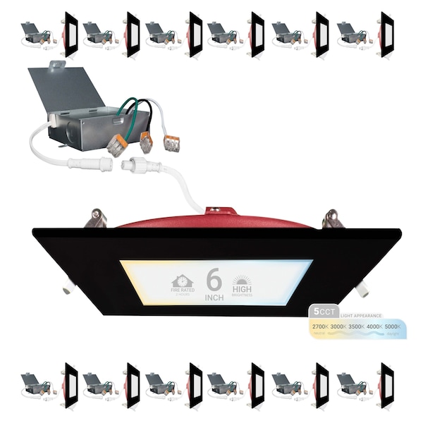 Nuwatt 6 Inch 2 Hour Black Square Fire Rated Recessed Lighting, Slim LED Lights 2700K-5000K, 1200LM, 12PK NW-P-SQDL-6-15W-5CT-FR-BLK-12P - main