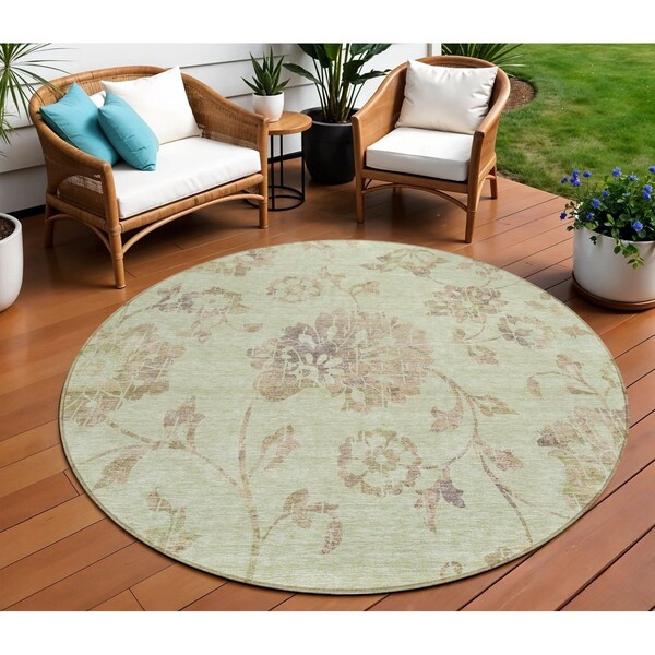 Homeroots 8' Artichoke Green Mint Green And Taupe Round Floral Washable Indoor Outdoor Area Rug 589448 - main