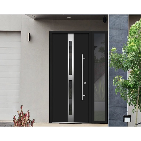 Vdomdoors Steel Door Deux 1755 Black Enamel Sidelight Exterior Window Stainless Inserts Single Modern Painted DEUX1755EXD-BLK-W36+16 x H80-Left-hand Inswing - main