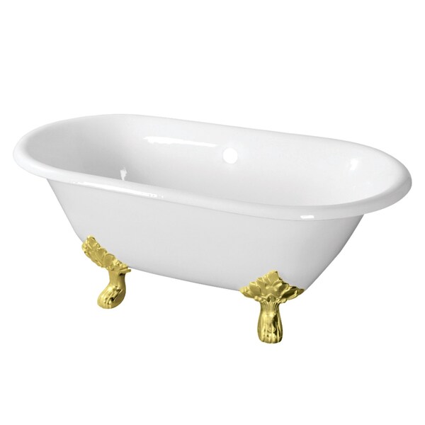 Kingston Brass 60" Cast Iron Oval Double Ended Clawfoot Tub, No Faucet Drillings, White/Polished Brass VCTND603119NC2 - main
