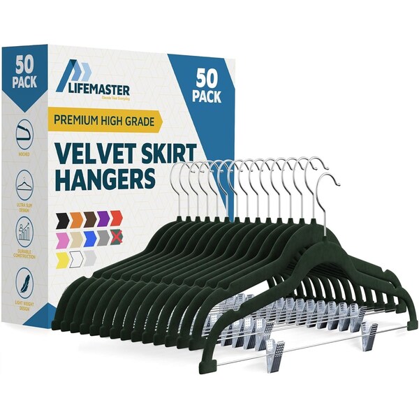 Lifemaster Velvet Skirt Hangers, Adjustable Clips, 360 Deg Swivel Hook, Non-Slip, Holds 10 lbs, Green, 50PK LMVSH50GN - main