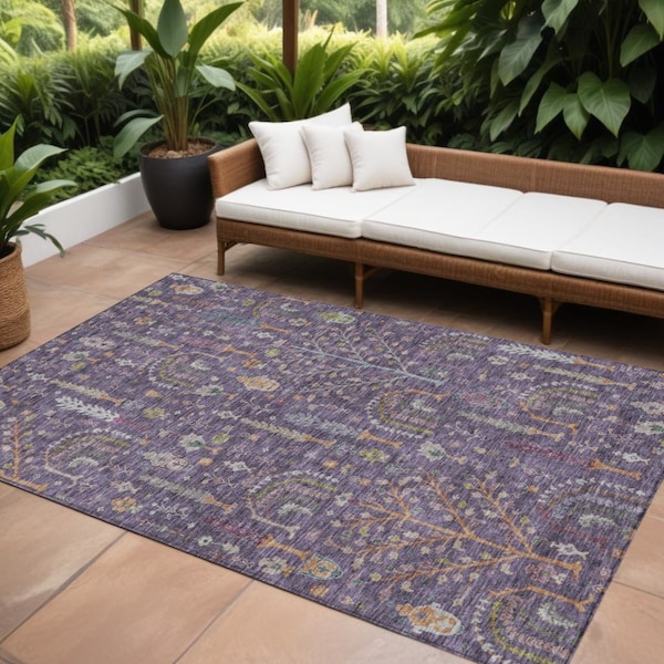 Homeroots 8' X 10' Eggplant Terra Cotta And Green Floral Washable Indoor Outdoor Area Rug 605268 - main