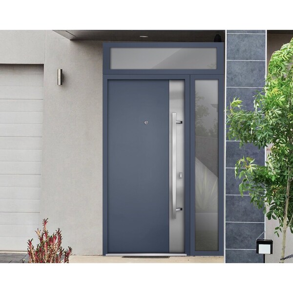 Vdomdoors Steel Door Deux 0729 Gray Graphite Sidelight and Transom Window Stainless Inserts Single Modern Pai DEUX0729EXD-GRE-W36+16 x H80+16-Left-hand Inswing - main