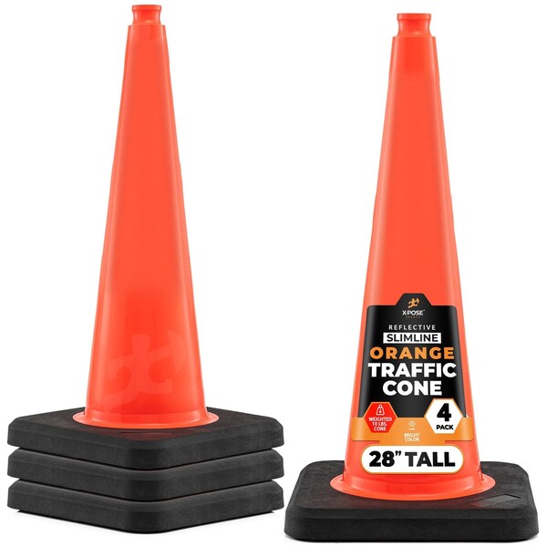 Xpose Safety 28 Inch Multipurpose PVC Orange Traffic Slim Line Cone 10lb base, 4PK OTC28SL-10L-4-X - main