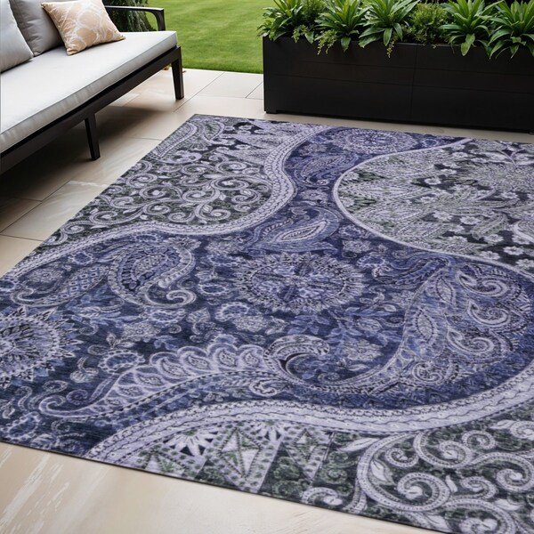 Homeroots 5' X 8' Navy Blue Gray And Green Floral Medallion Washable Indoor Outdoor Area Rug 603180 - main