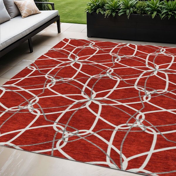 Homeroots 5' X 8' Red And Ivory Geometric Washable Indoor Outdoor Area Rug 613044 - main