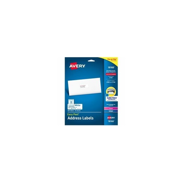 Avery Easy Peel Address Labels, Sure Feed Technology, 1in W x 2 5/8in L, Permanent Adhesive, 300PK 18160 - main