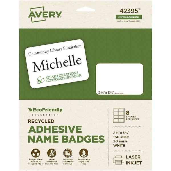 Avery EcoFriendly Name Badge Labels, 2-1/3" x 3-3/8, White, 160/Box 42395 - main