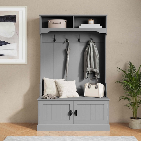 Flash Furniture Fraser 40" Wide Hall Tree with Double Door Storage Bench, Coat Rack with 4 Black Double Hooks, and 2 Upper Storage Cubbies in Gray NAN-FY-HY-HT04-GRY-GG - main