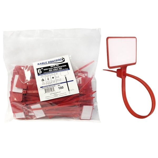 Kable Kontrol Write On Zip Tie Tags, 6in L, 1-7/8in x 1-1/8in Flag Size, 100Pcs, Red, 100PK CTWO-WF-6-40-RD - main