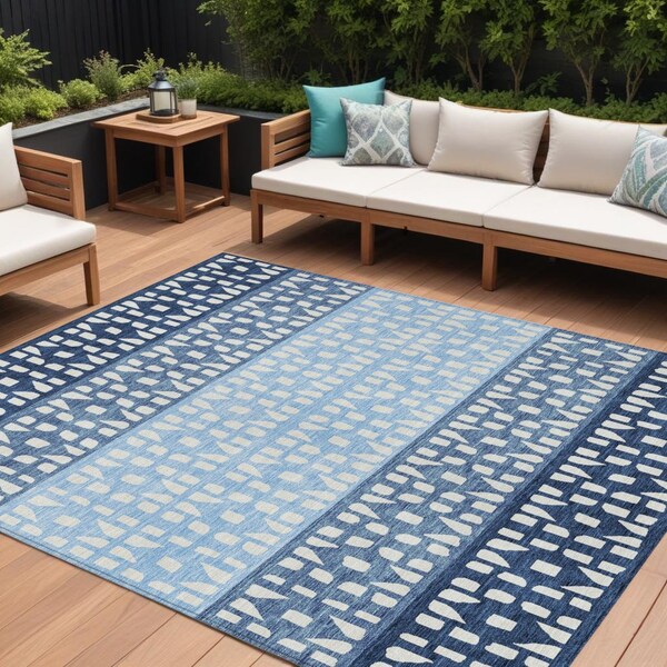Homeroots 8' X 10' Blue Sky Blue And Ivory Geometric Washable Indoor Outdoor Area Rug 613828 - main