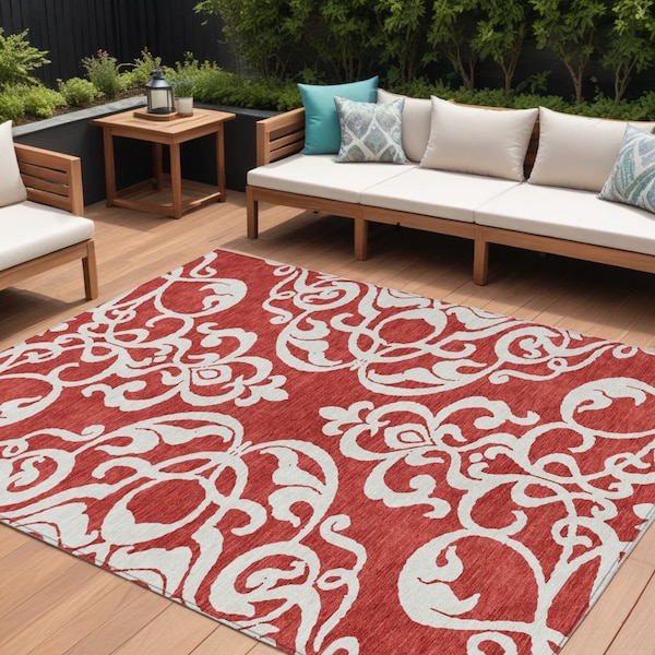 Homeroots 9' X 12' Red And Ivory Damask Washable Indoor Outdoor Area Rug 614459 - main
